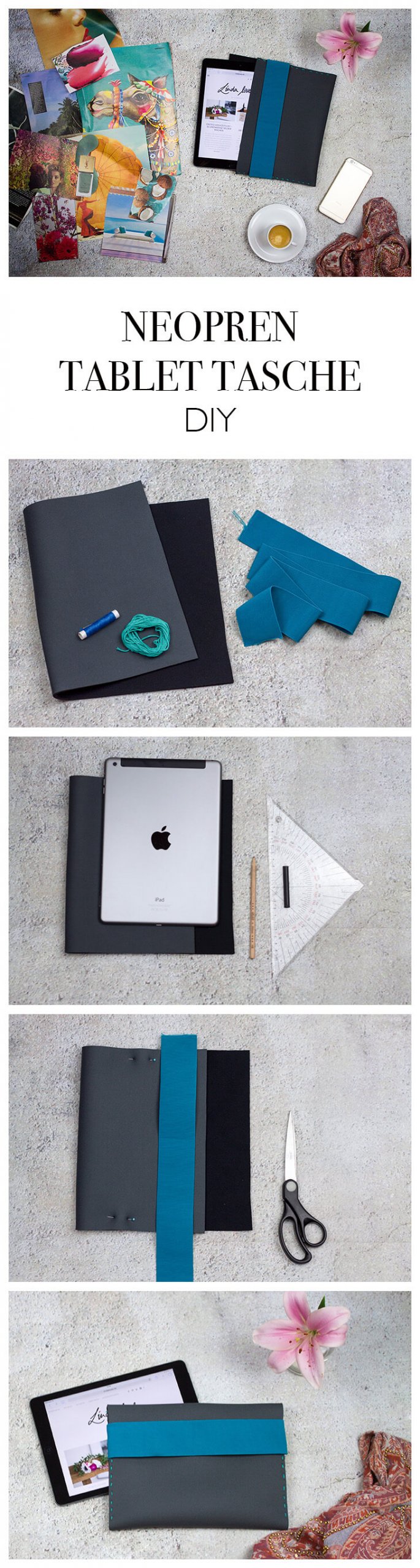 DIY Neopren Tablet Tasche nähen mit Gummiband - Geschenkidee - Step-by-Step Anleitung - DIY Blog lindaloves.de